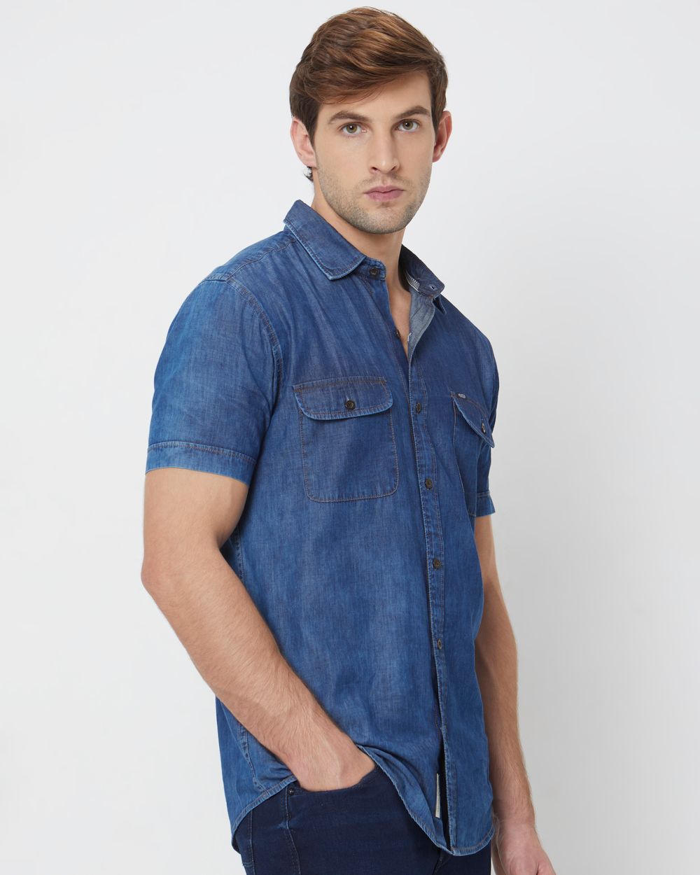 Indigo Blue Denim Plain Slim Fit Casual Shirt