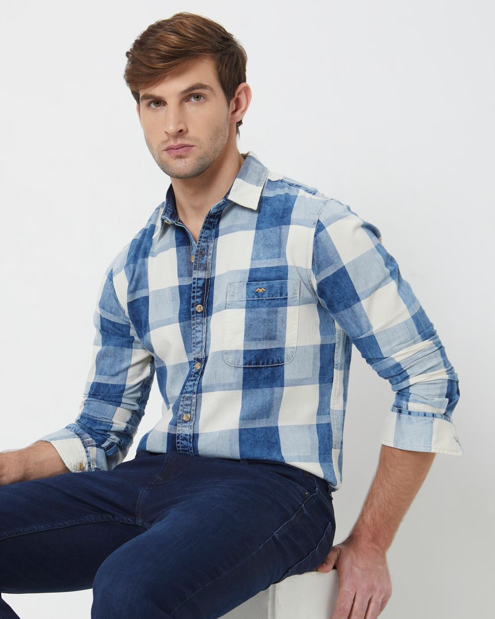 Mid Blue & White Large Check Slim Fit Casual Shirt