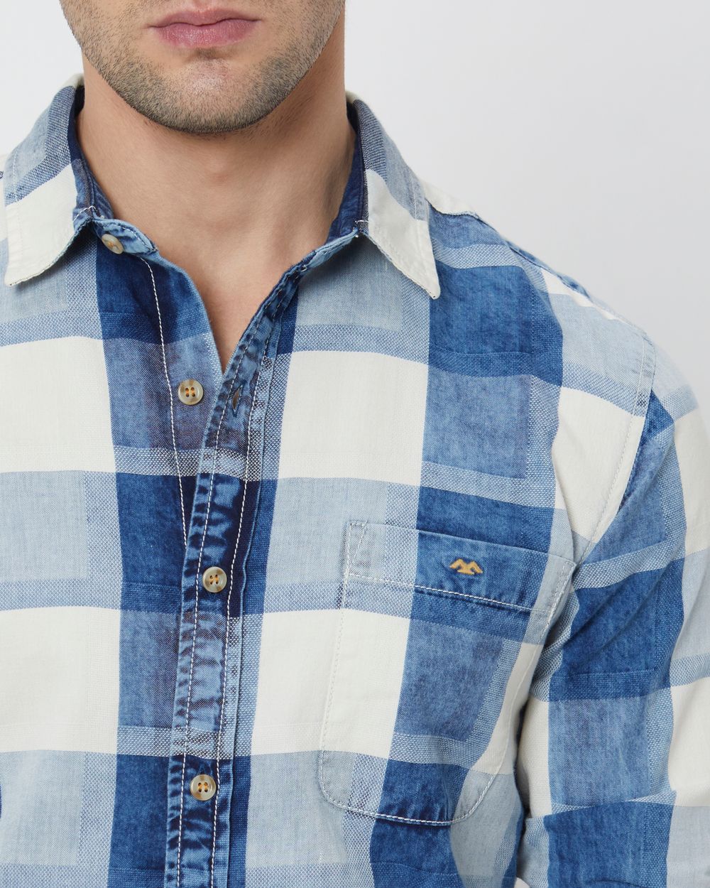 Mid Blue & White Large Check Slim Fit Casual Shirt