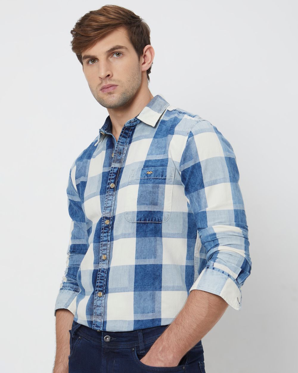 Mid Blue & White Large Check Slim Fit Casual Shirt