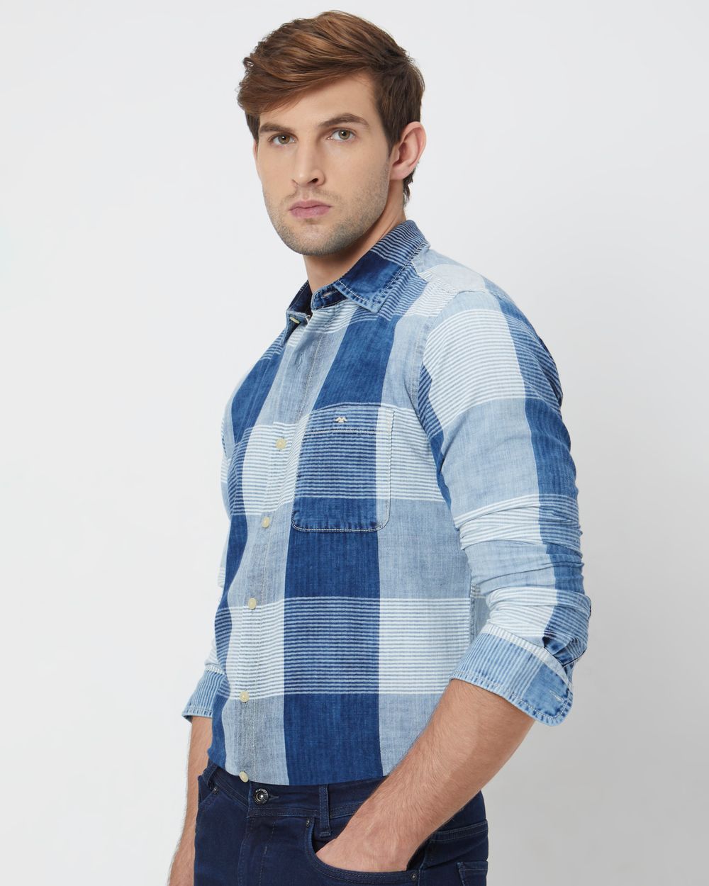 Mid Blue Large Check Slim Fit Casual Shirt