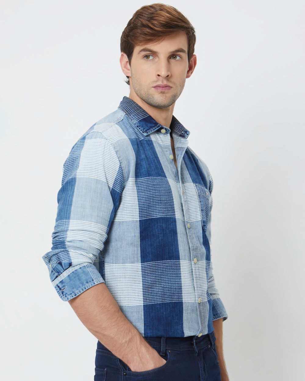Mid Blue Large Check Slim Fit Casual Shirt