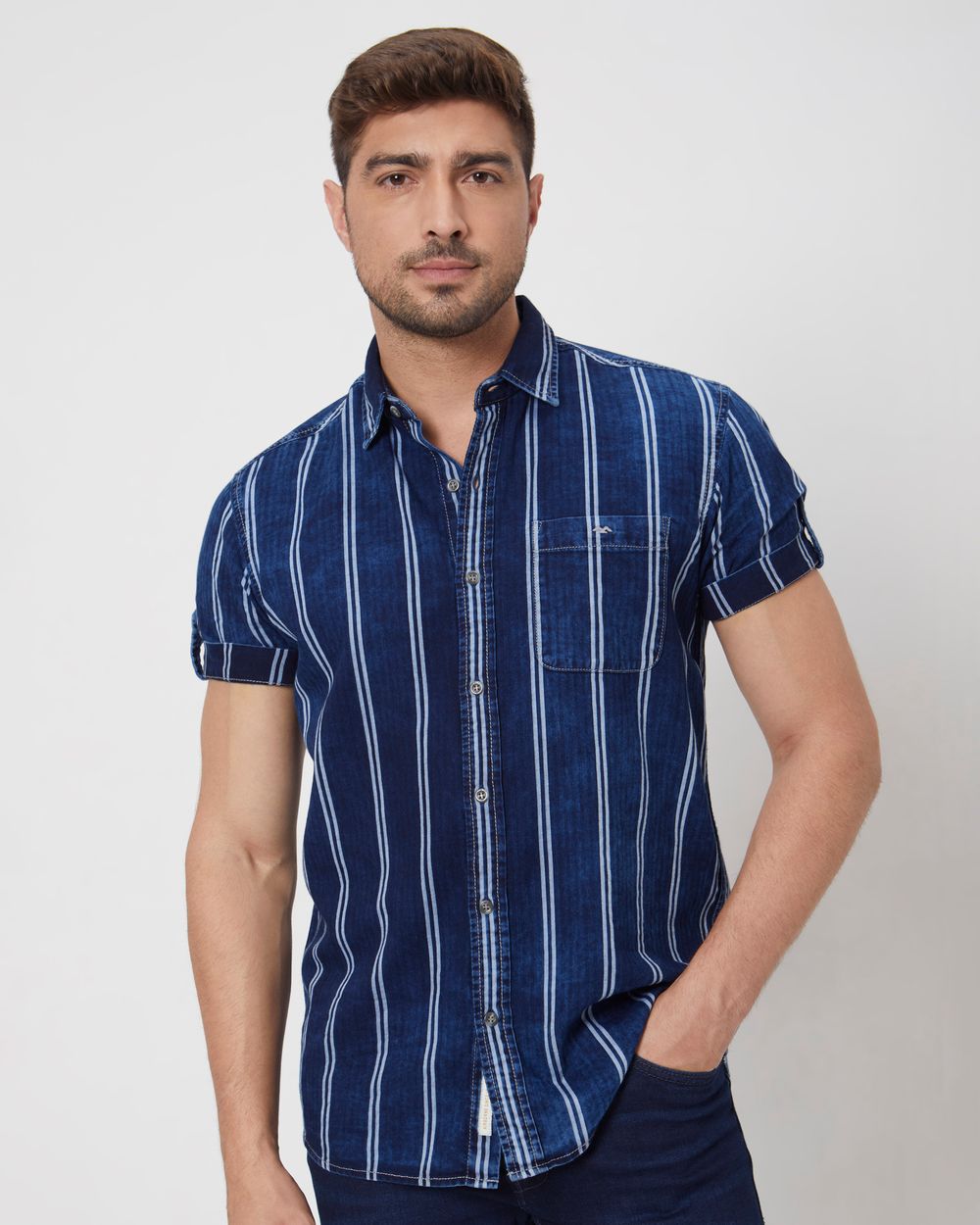 Indigo Blue Denim Stripe Slim Fit Casual Shirt