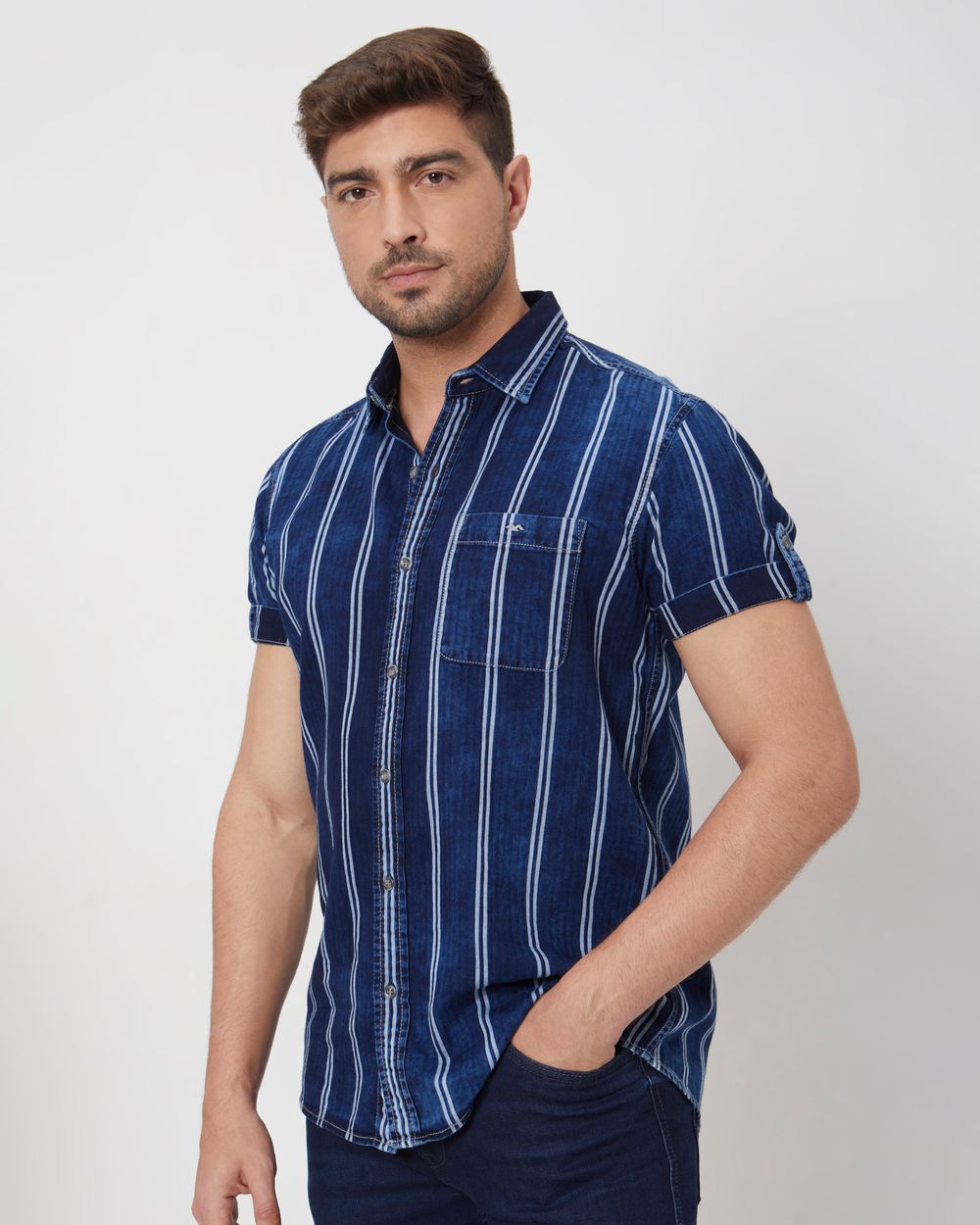 Indigo Blue Denim Stripe Slim Fit Casual Shirt