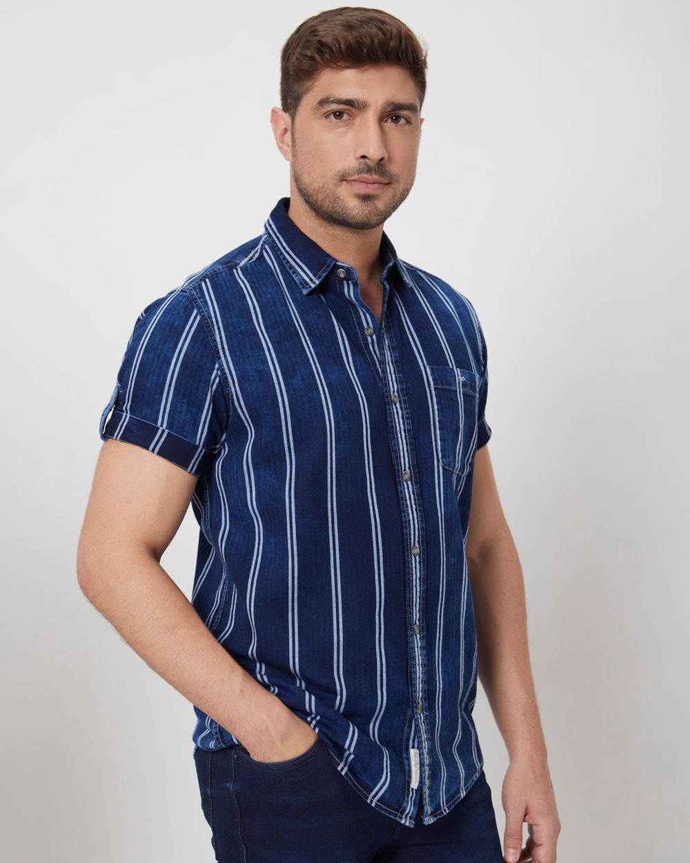 Indigo Blue Denim Stripe Slim Fit Casual Shirt