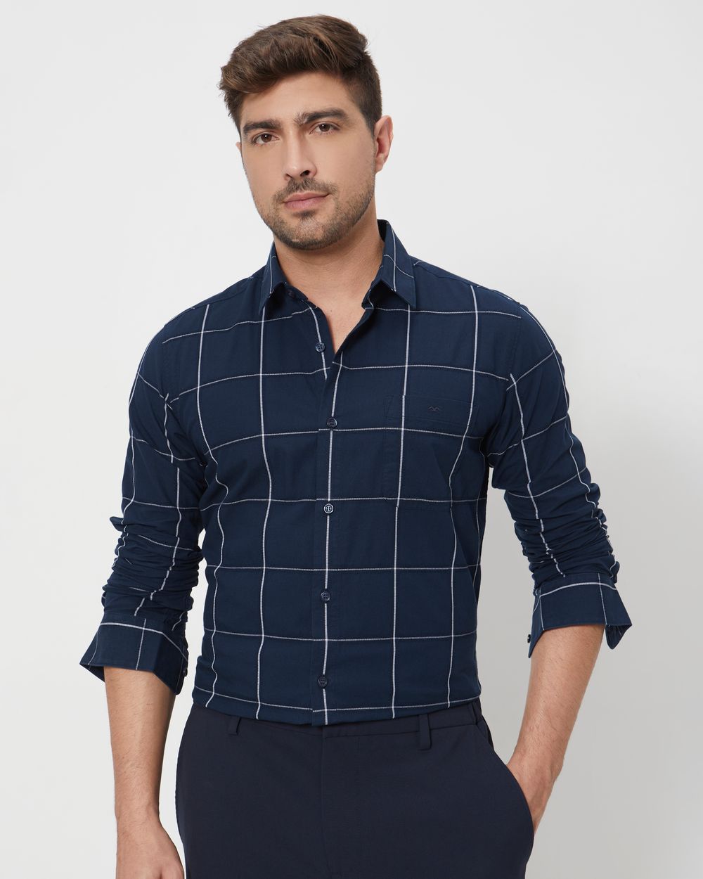 Navy Windowpane Check Slim Fit Casual Shirt