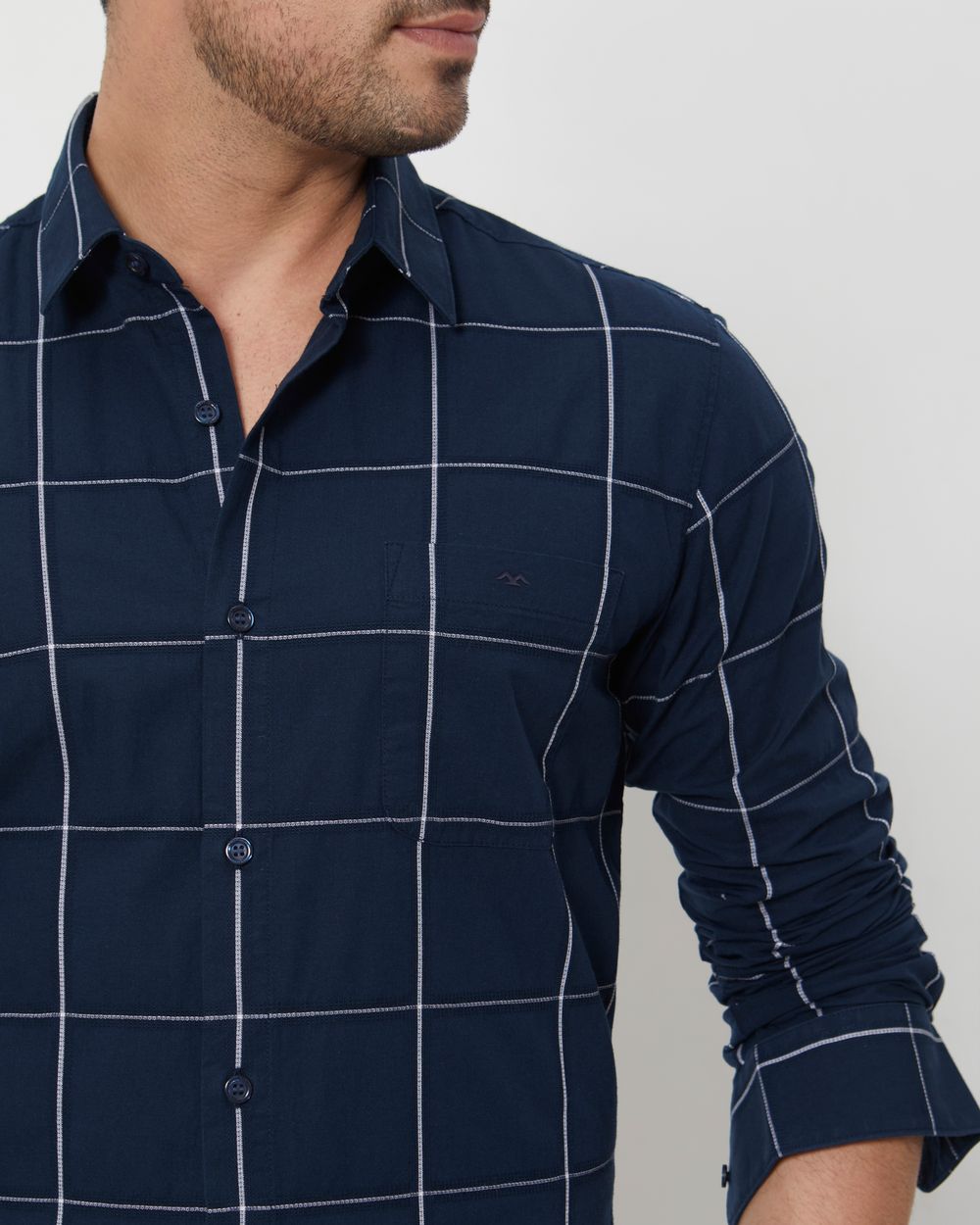Navy Windowpane Check Slim Fit Casual Shirt