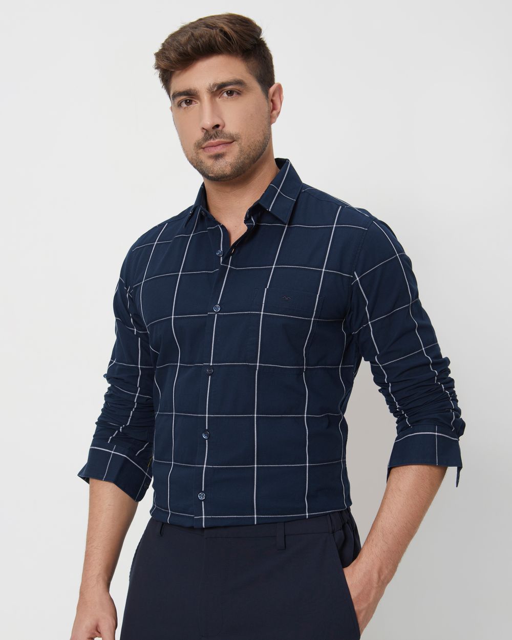 Navy Windowpane Check Slim Fit Casual Shirt