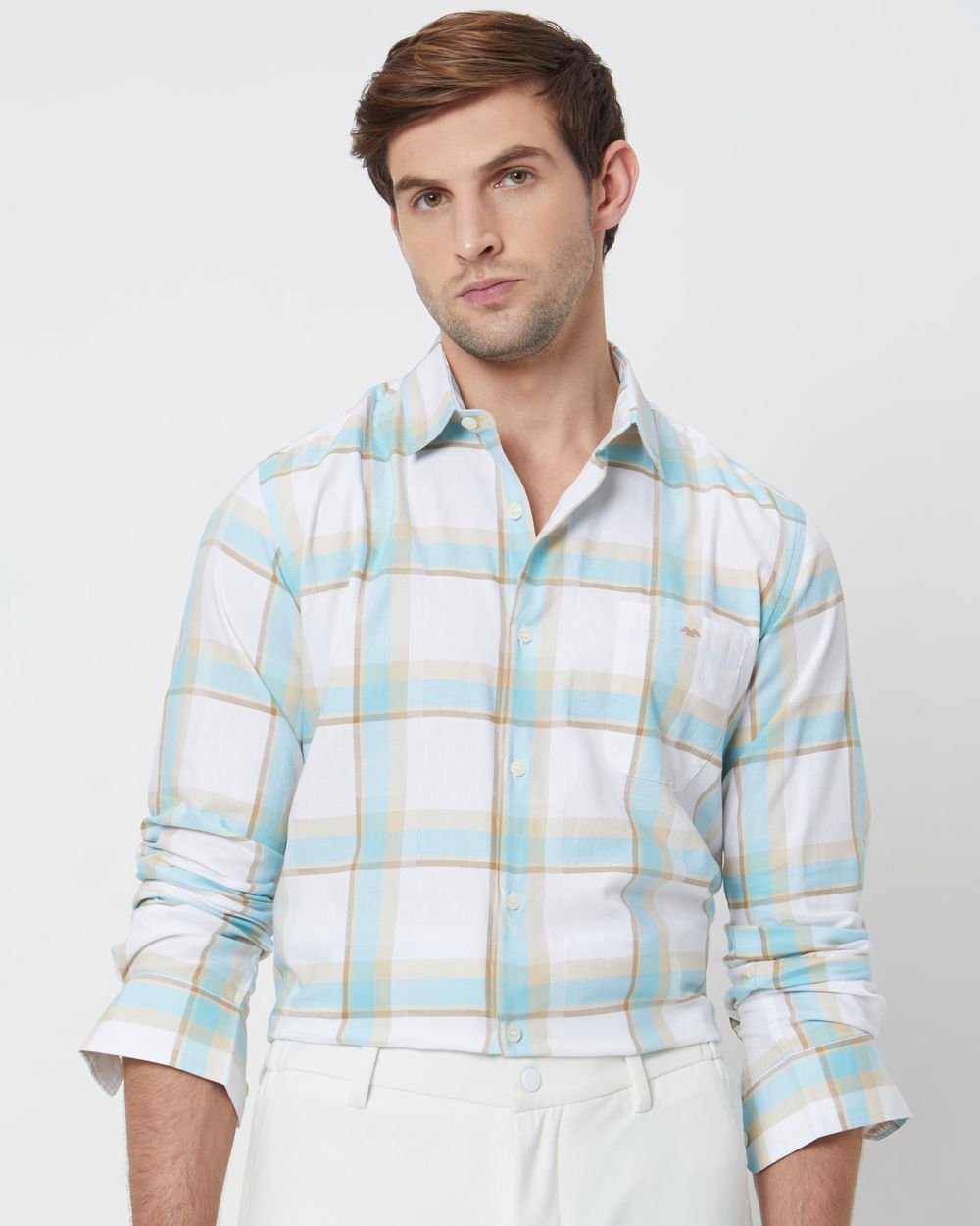 Turquoise & Off White Large Check Slim Fit Casual Shirt