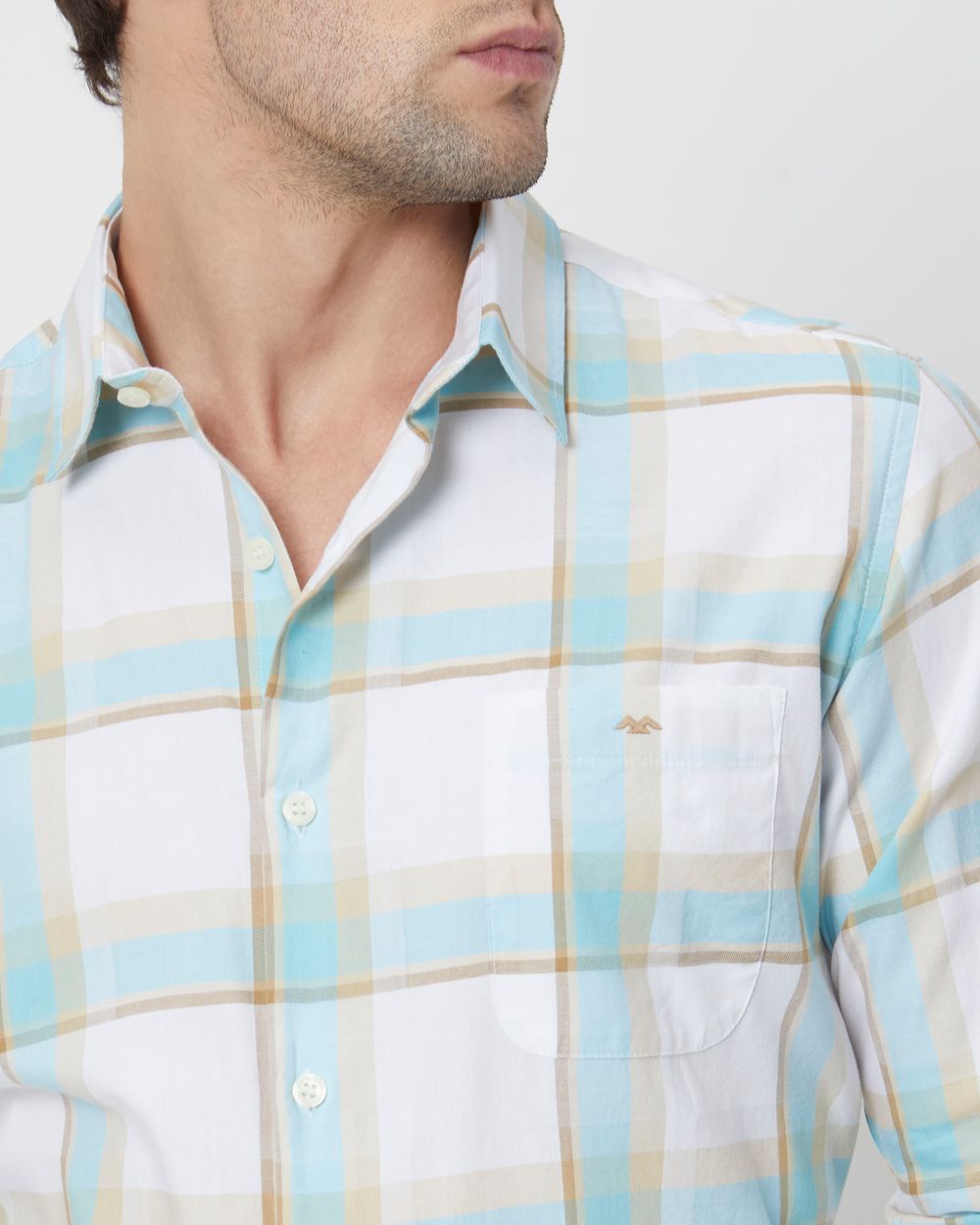Turquoise & Off White Large Check Slim Fit Casual Shirt