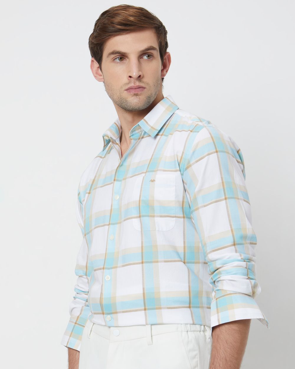 Turquoise & Off White Large Check Slim Fit Casual Shirt