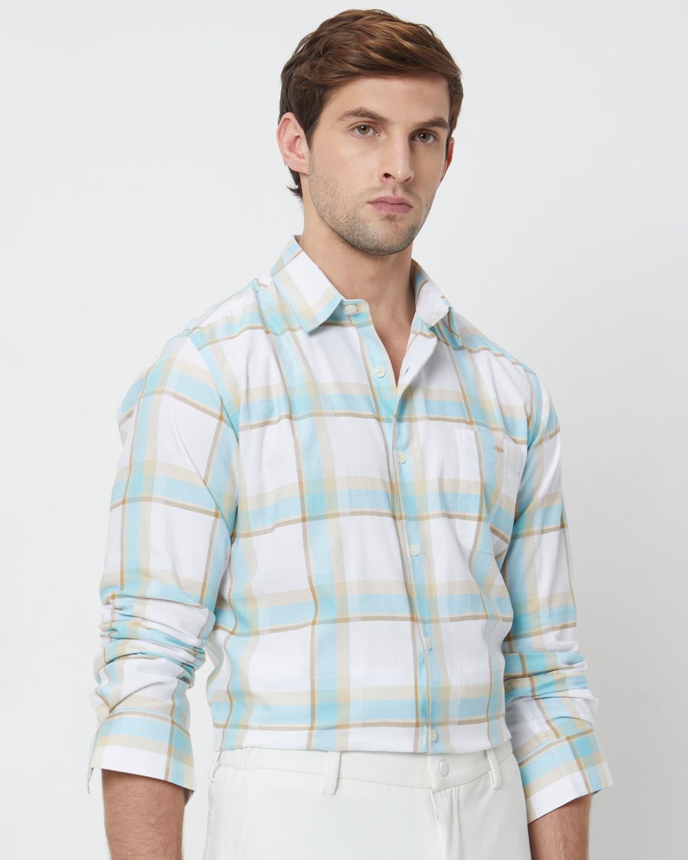 Turquoise & Off White Large Check Slim Fit Casual Shirt