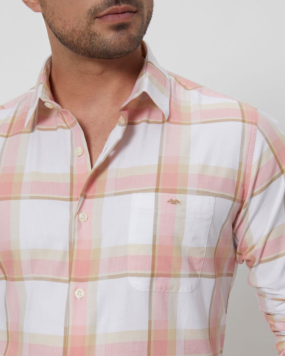 Peach & Off White Large Check Slim Fit Casual Shirt