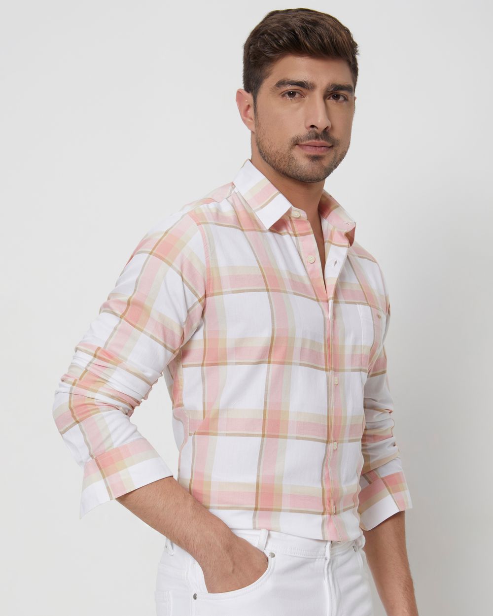 Peach & Off White Large Check Slim Fit Casual Shirt