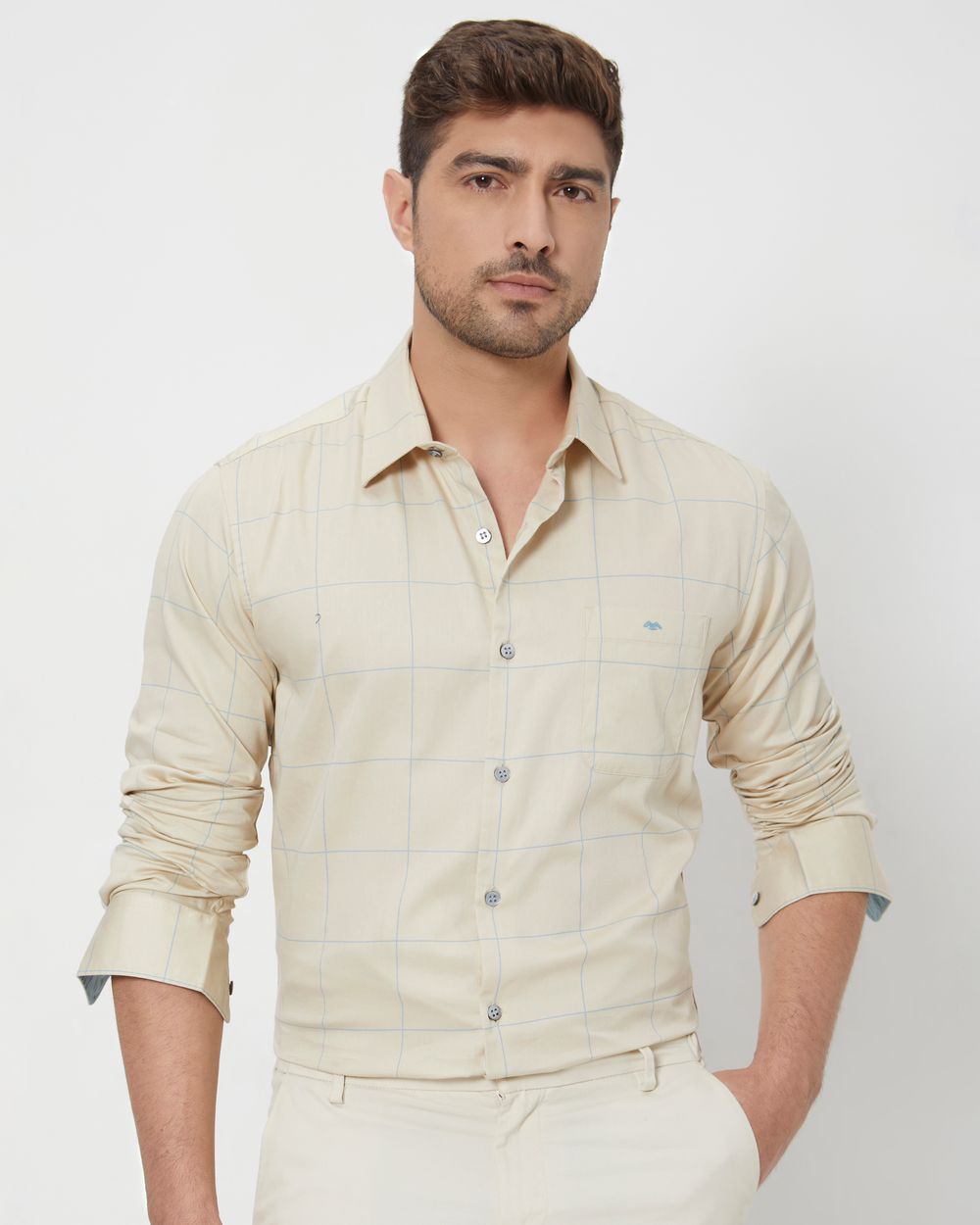 Beige & Blue Windowpane Check Slim Fit Casual Shirt