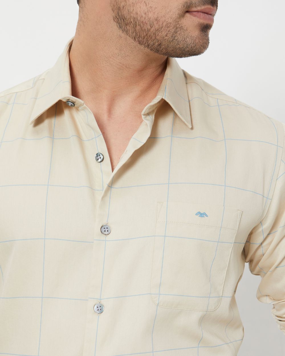 Beige & Blue Windowpane Check Slim Fit Casual Shirt