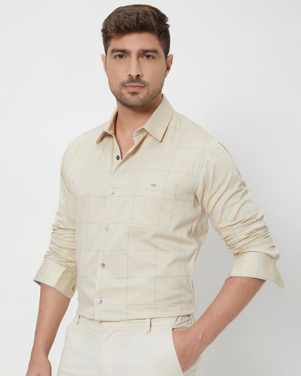 Beige & Blue Windowpane Check Slim Fit Casual Shirt