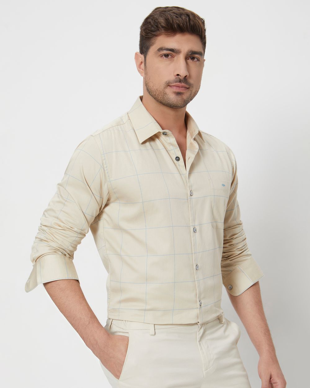 Beige & Blue Windowpane Check Slim Fit Casual Shirt