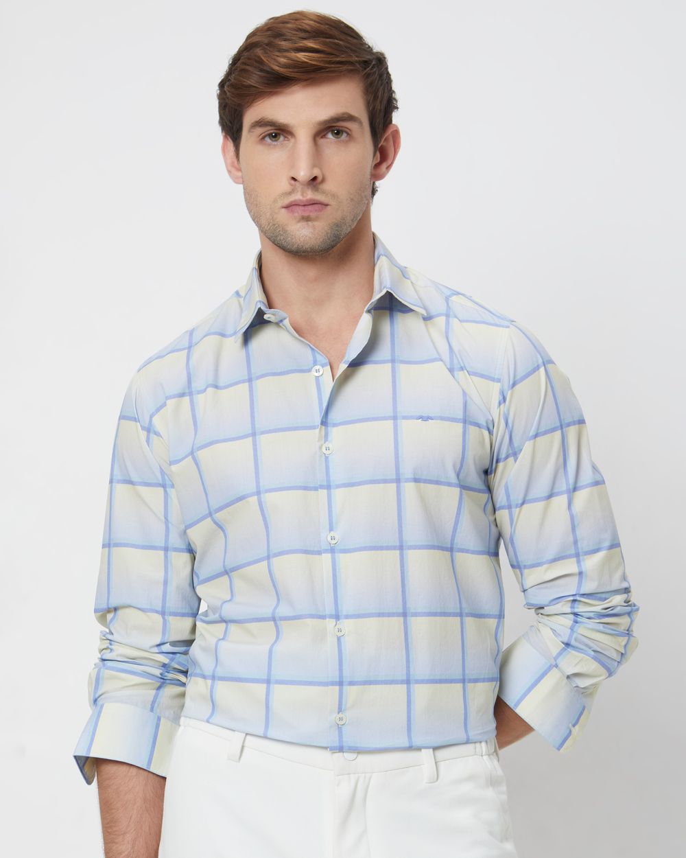 Light Blue & Light Yellow Printed Check Slim Fit Casual Shirt