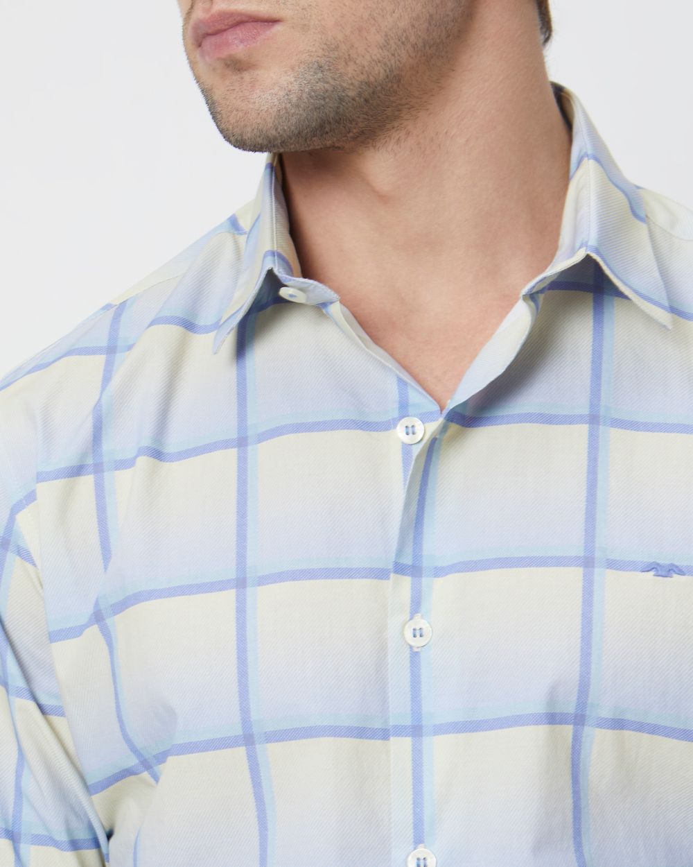 Light Blue & Light Yellow Printed Check Slim Fit Casual Shirt