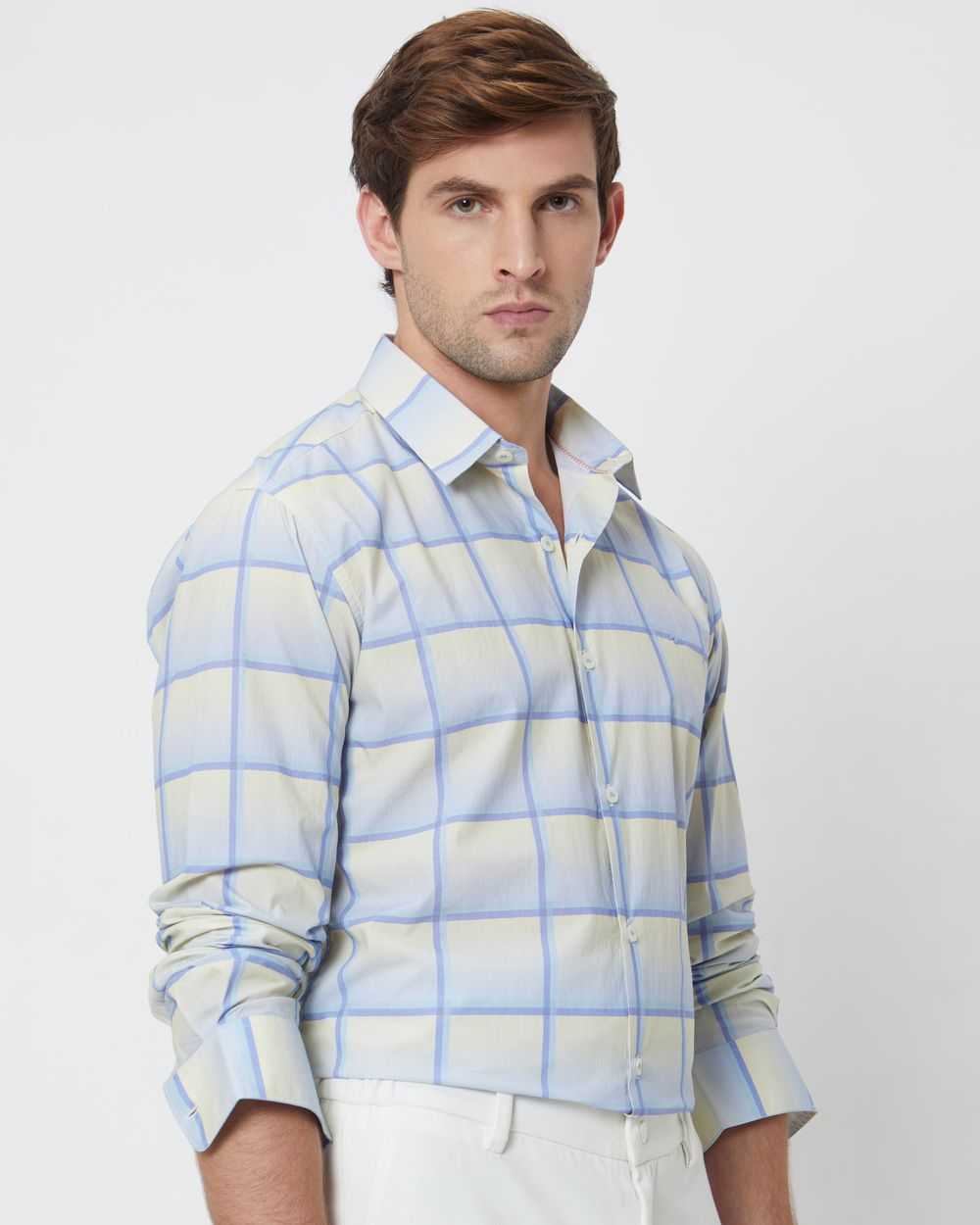 Light Blue & Light Yellow Printed Check Slim Fit Casual Shirt