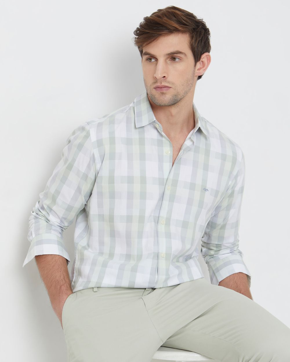 Light Green Large Check Slim Fit Casual Shirt