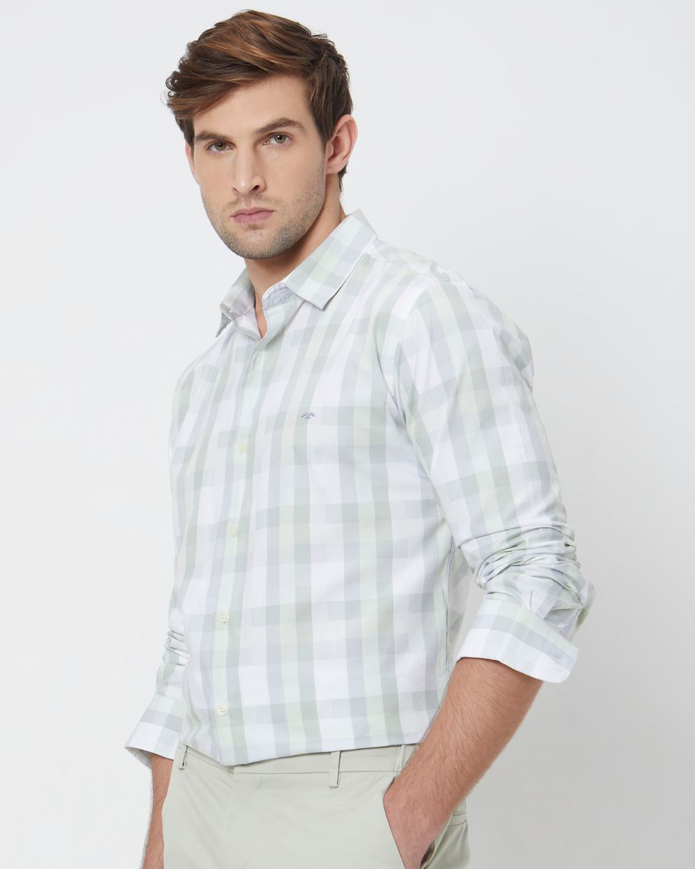 Light Green Large Check Slim Fit Casual Shirt