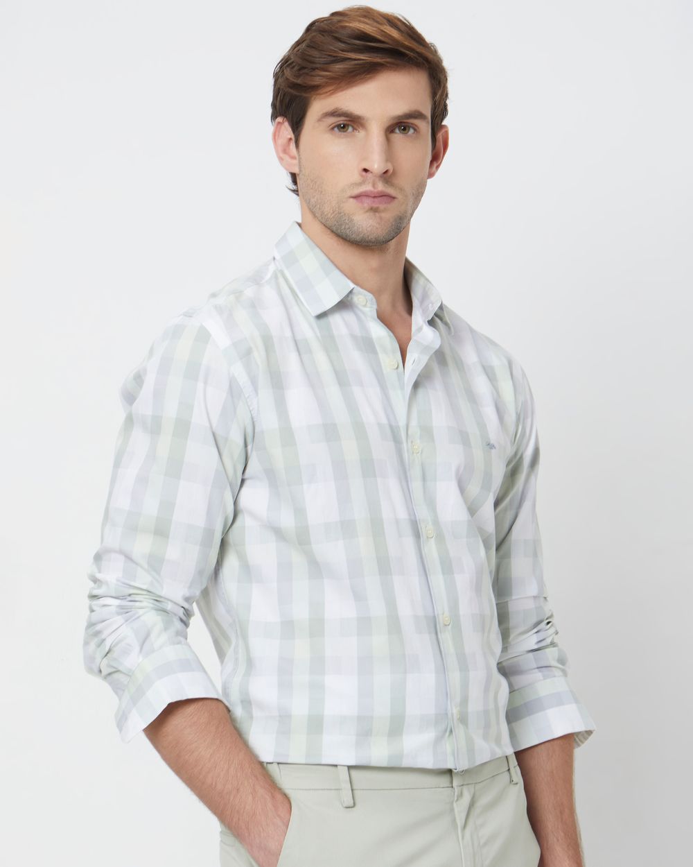 Light Green Large Check Slim Fit Casual Shirt