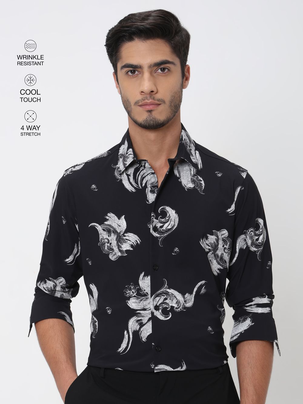 Black Abstract Print Slim Fit Casual Shirt