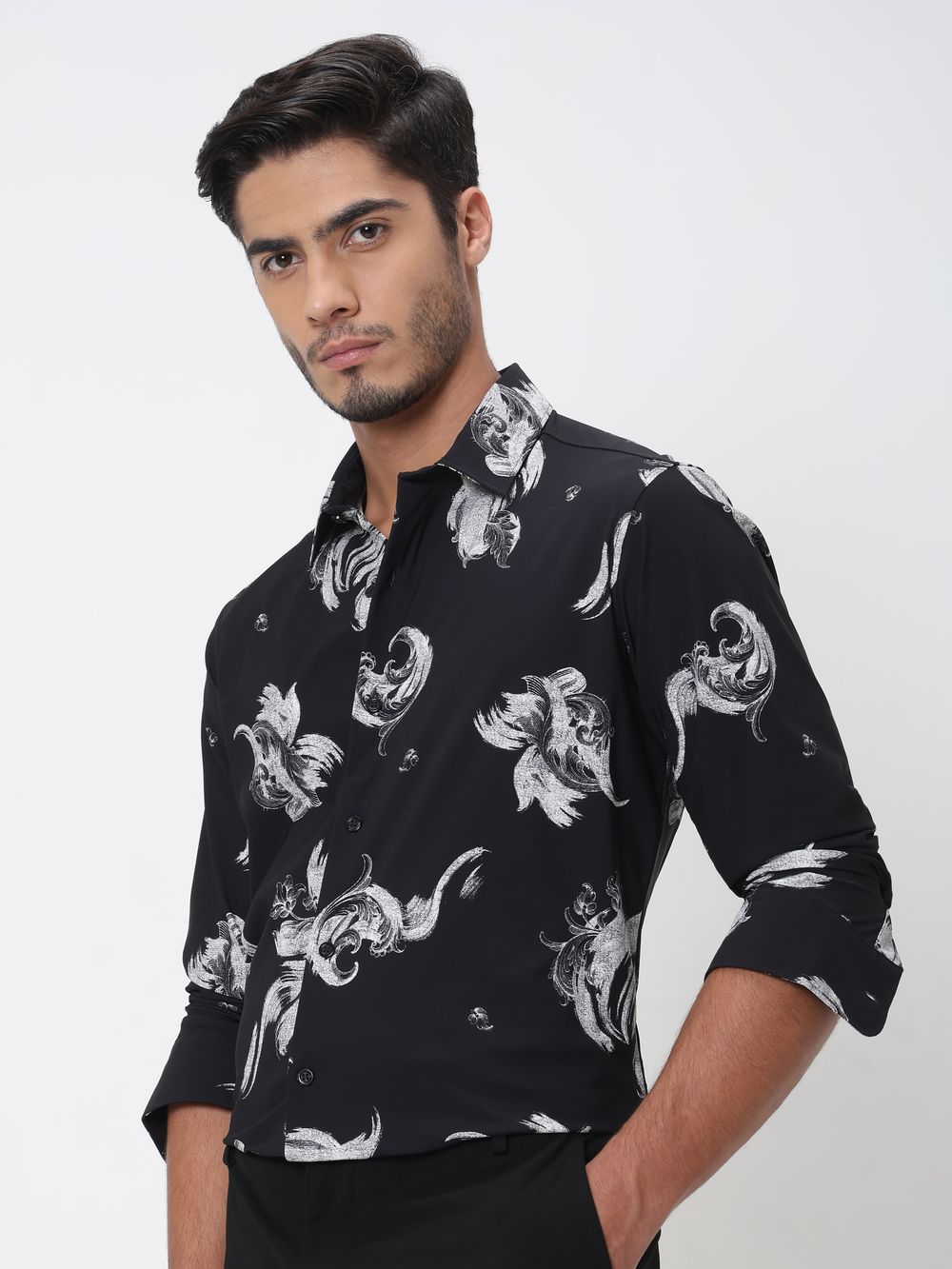 Black Abstract Print Slim Fit Casual Shirt