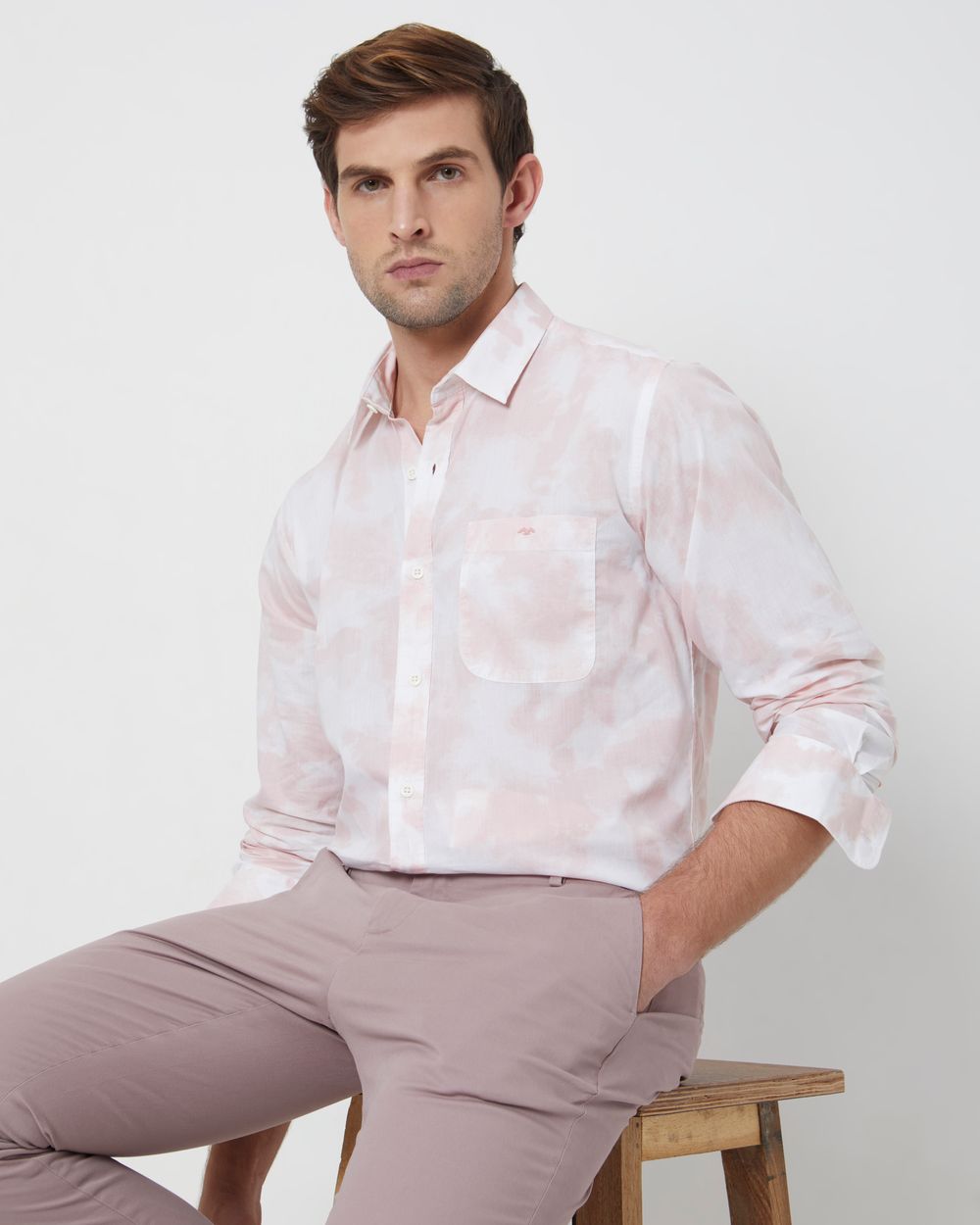Pink & White Cloudprint Slim Fit Casual Shirt