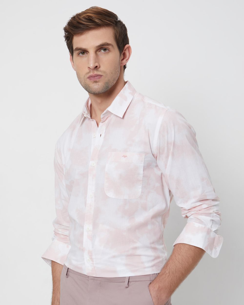 Pink & White Cloudprint Slim Fit Casual Shirt