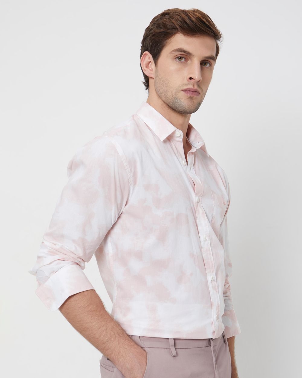 Pink & White Cloudprint Slim Fit Casual Shirt