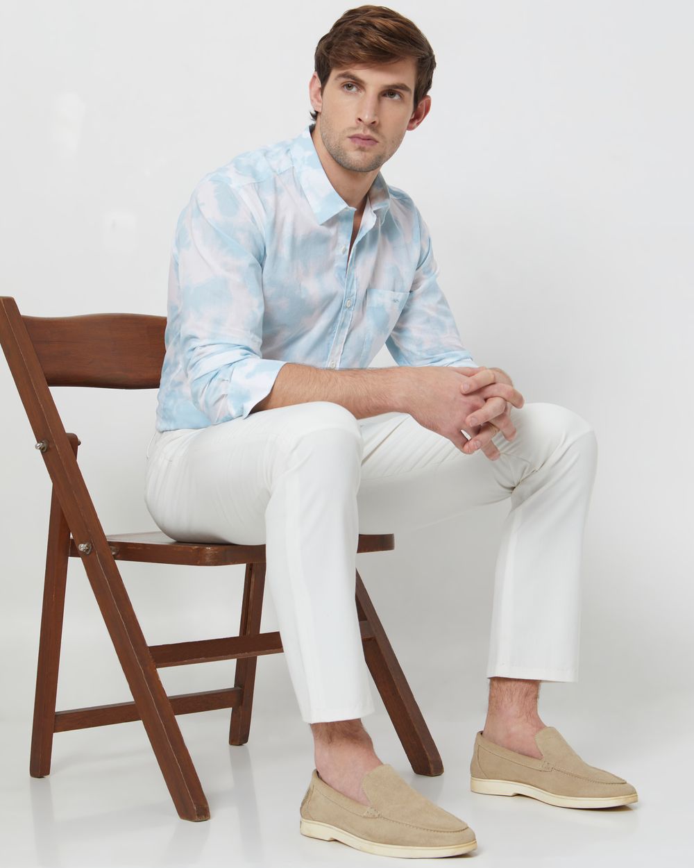 Light Blue & White Cloudprint Slim Fit Casual Shirt