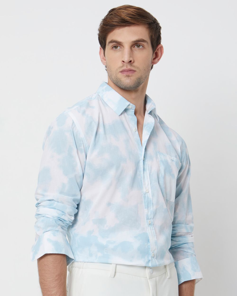 Light Blue & White Cloudprint Slim Fit Casual Shirt