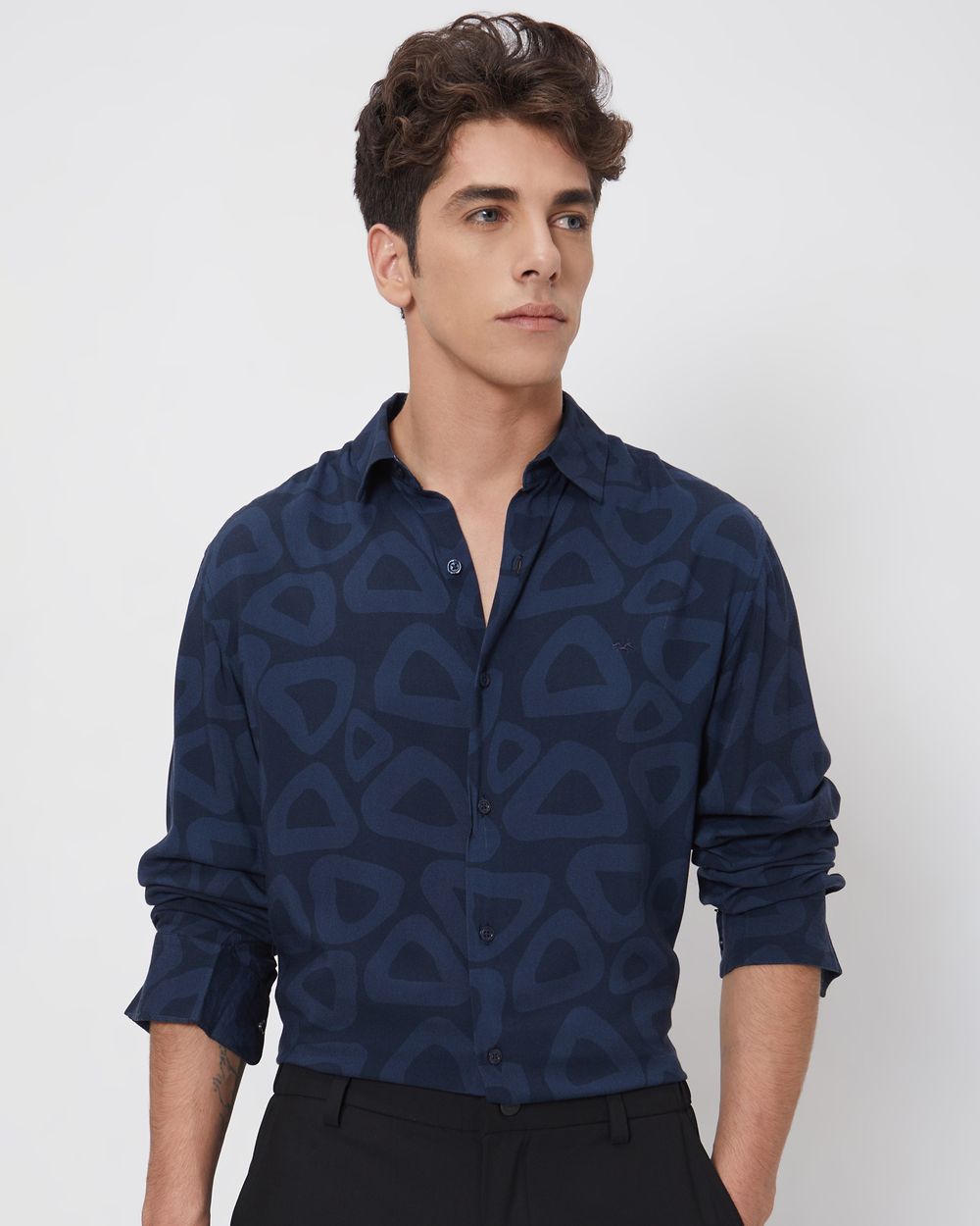 Navy Abstract Print Slim Fit Casual Shirt