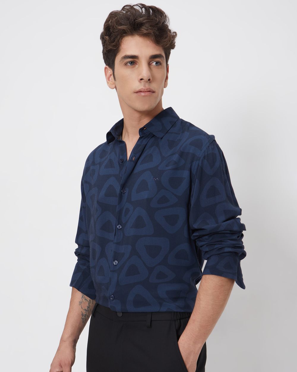 Navy Abstract Print Slim Fit Casual Shirt