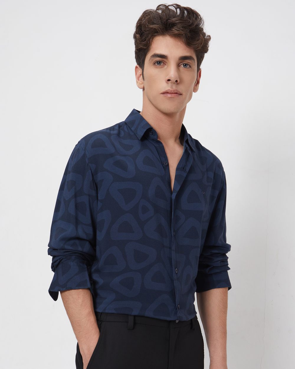 Navy Abstract Print Slim Fit Casual Shirt