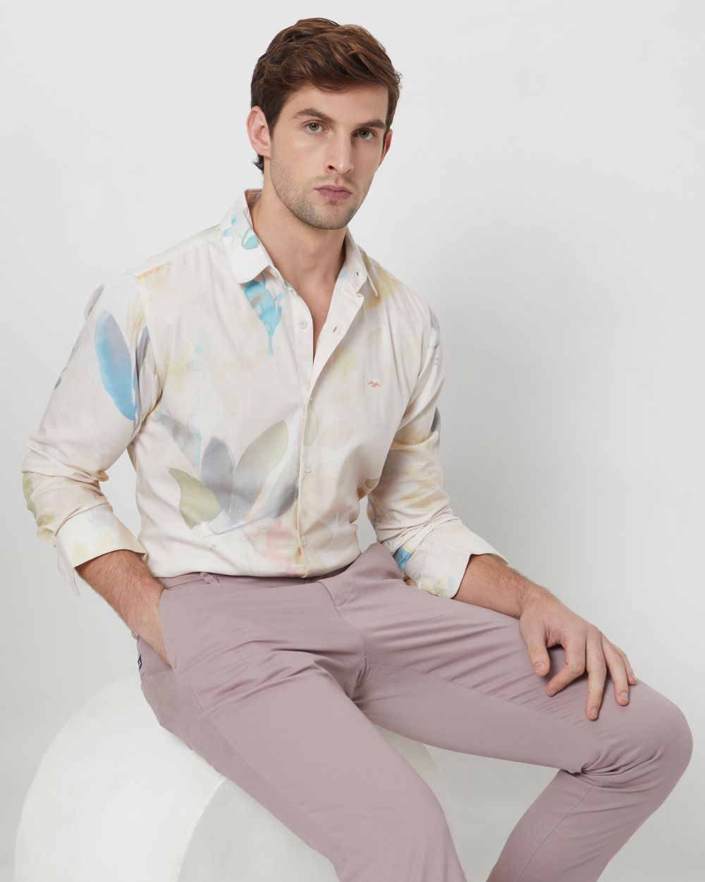 Beige Digital Print Slim Fit Casual Shirt