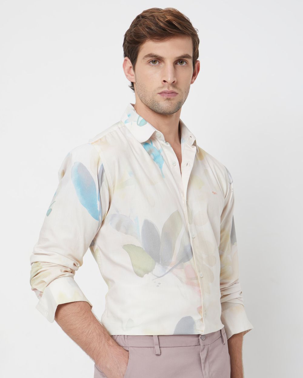 Beige Digital Print Slim Fit Casual Shirt