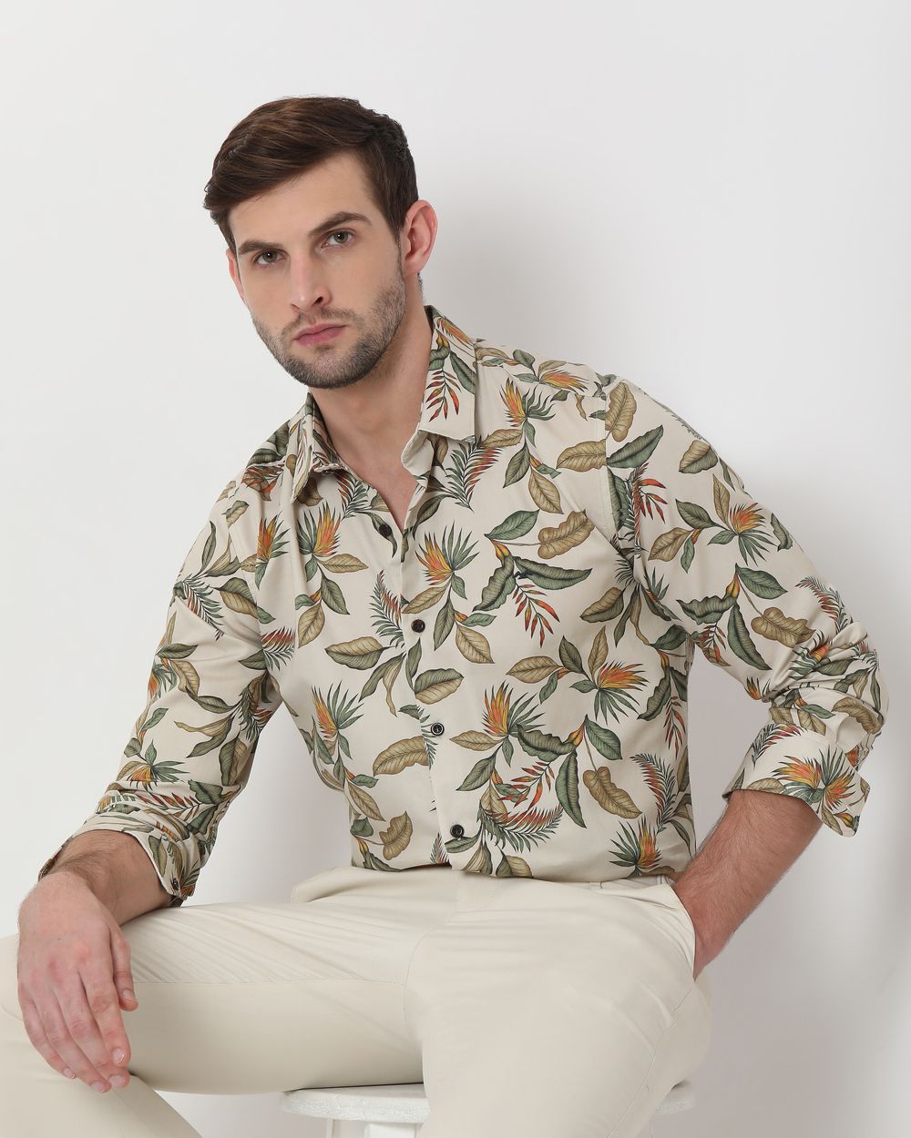 Beige Digital Print Slim Fit Casual Shirt