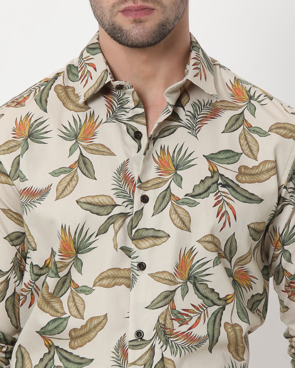 Beige Digital Print Slim Fit Casual Shirt