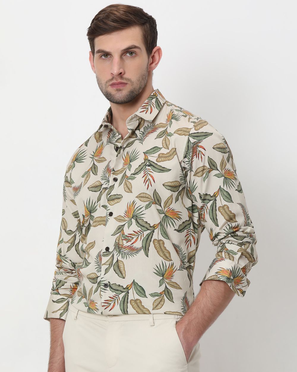 Beige Digital Print Slim Fit Casual Shirt