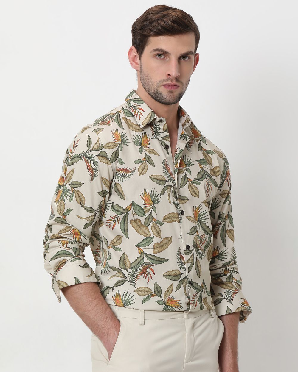 Beige Digital Print Slim Fit Casual Shirt