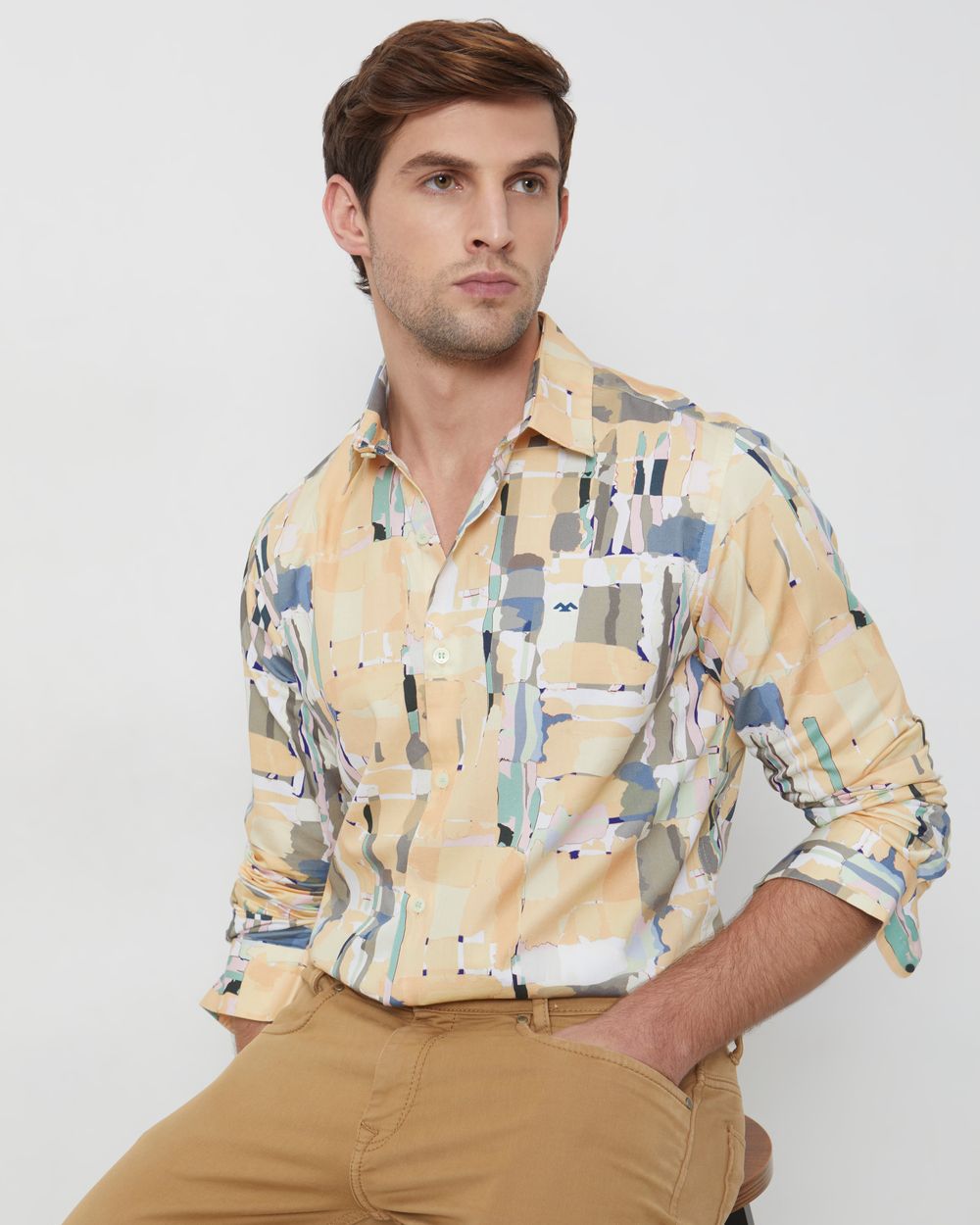 Yellow Digital Print Slim Fit Casual Shirt