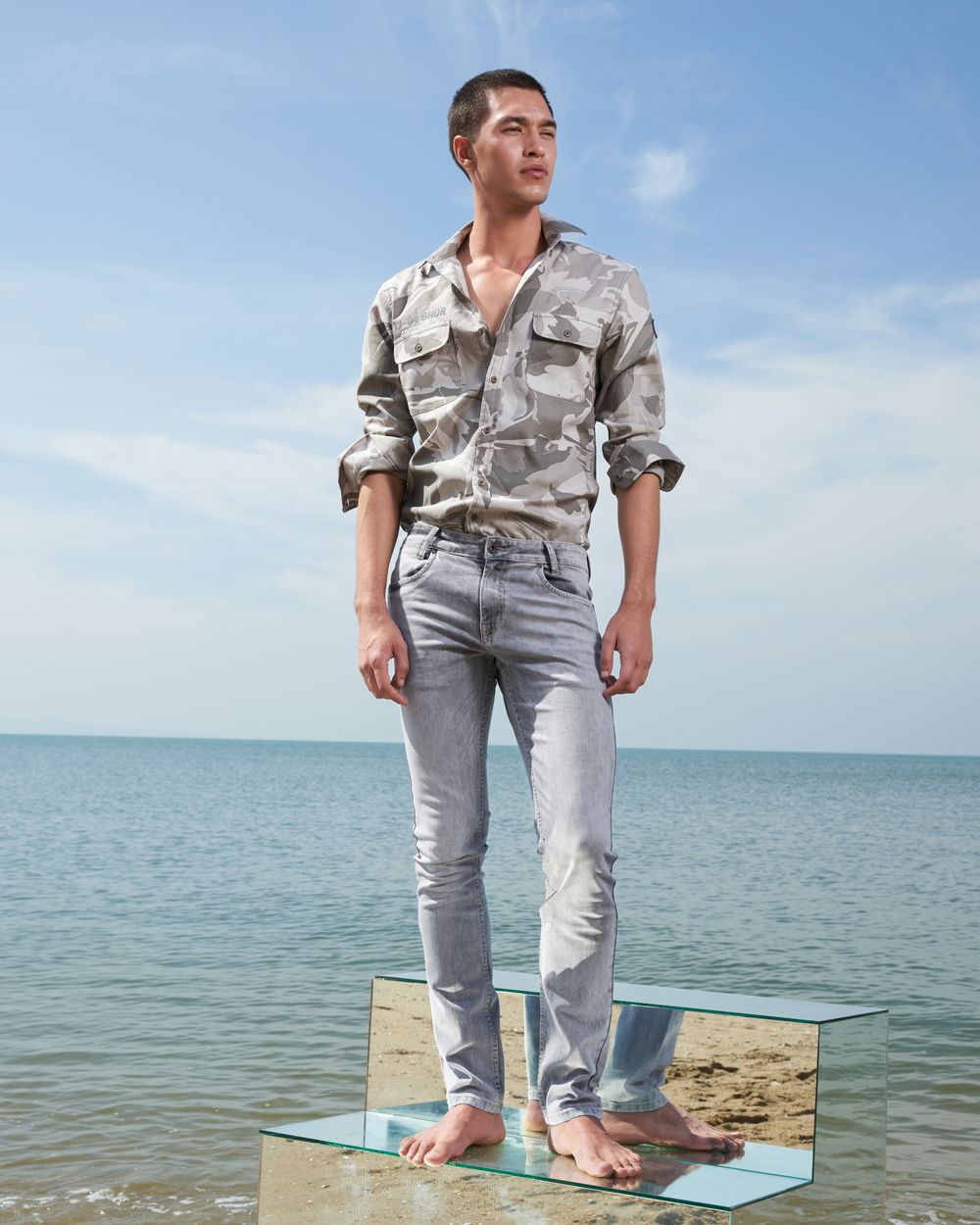 Grey Camo Print Slim Fit Casual Shirt