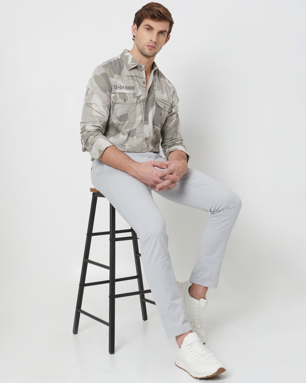 Grey Camo Print Slim Fit Casual Shirt