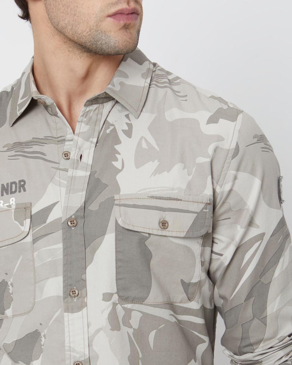 Grey Camo Print Slim Fit Casual Shirt