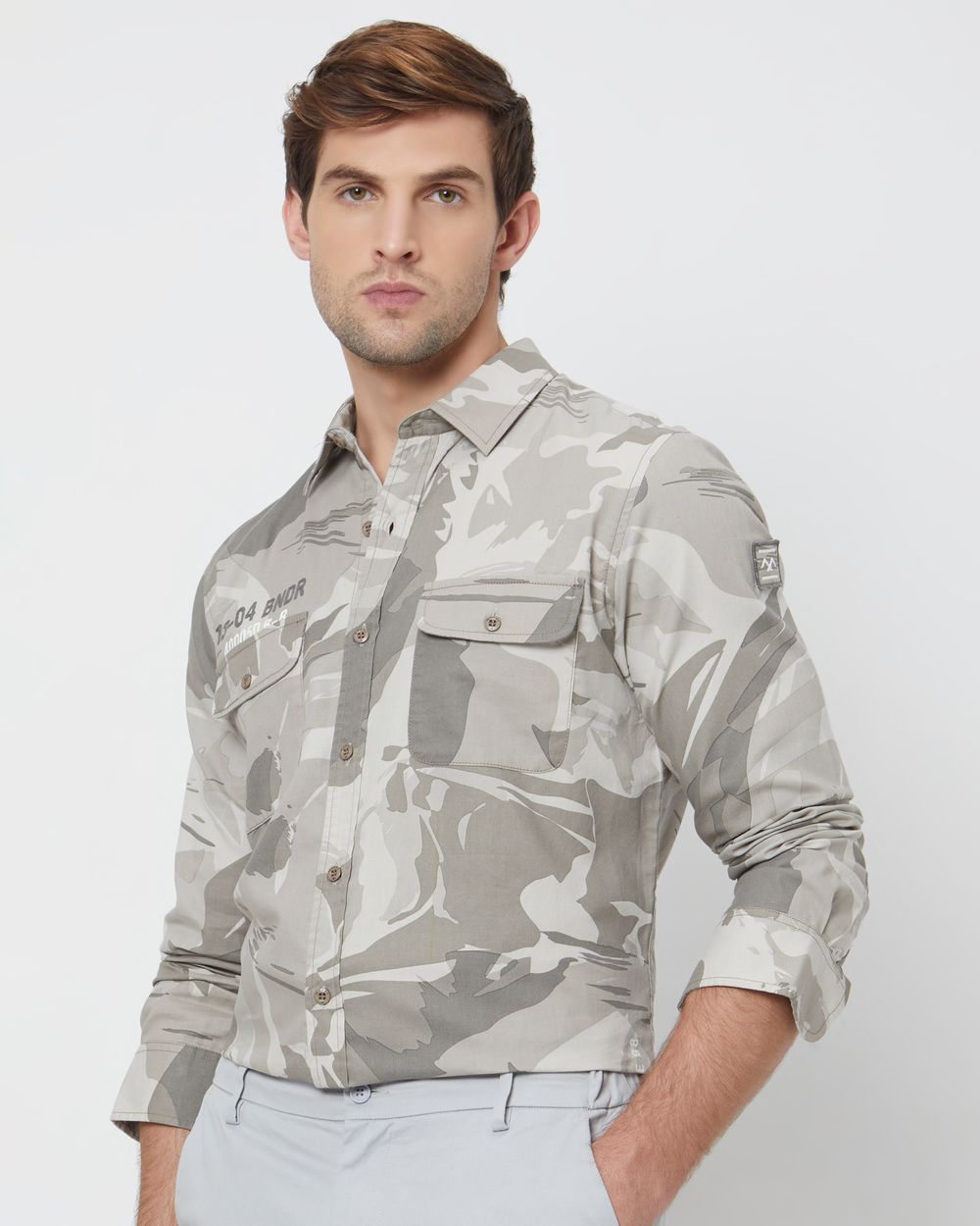 Grey Camo Print Slim Fit Casual Shirt