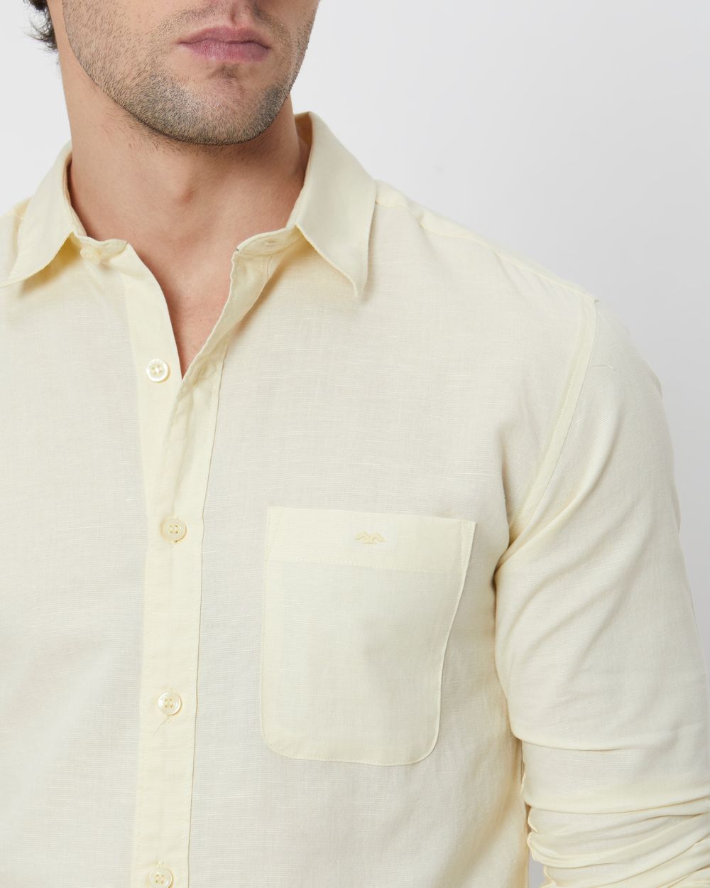 Light Yellow Cotton Linen Plain Slim Fit Casual Shirt